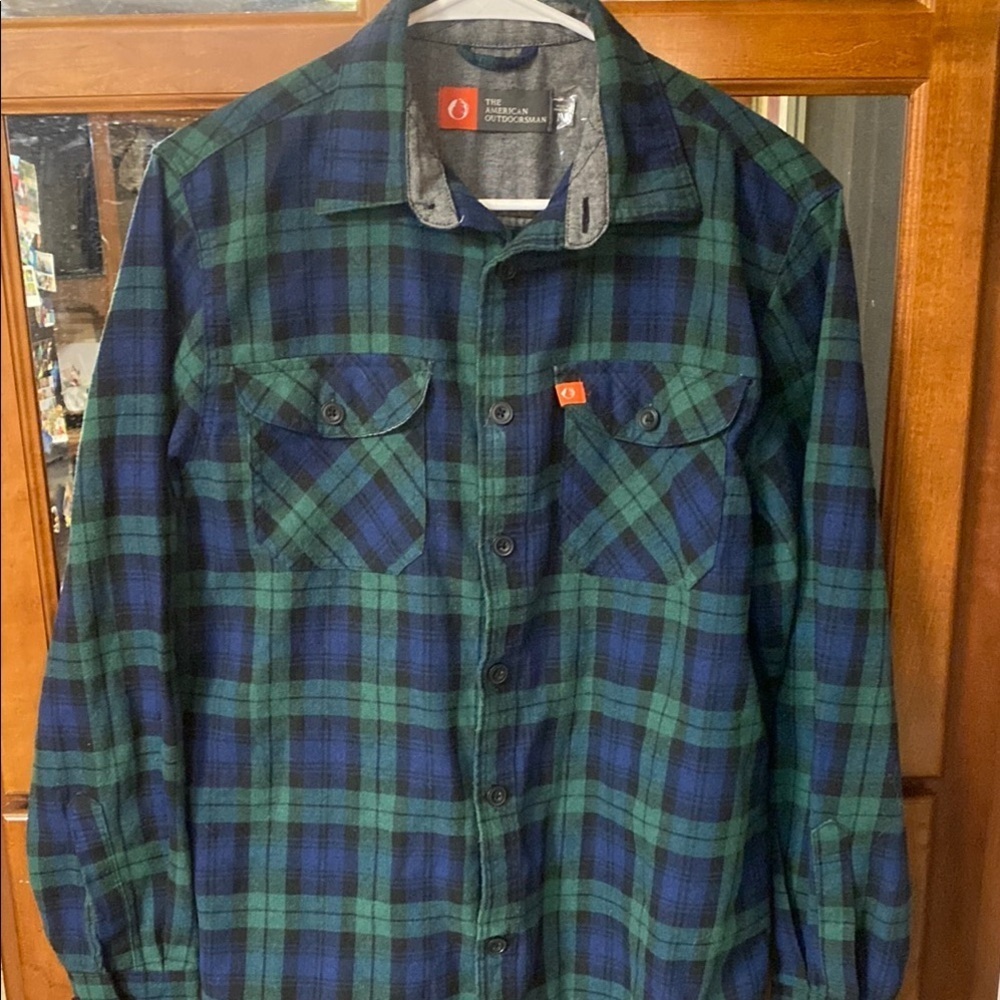 Gingham Button-Up Men’s Size Large Shirt in Green and Blue Outdoor Camping Fall